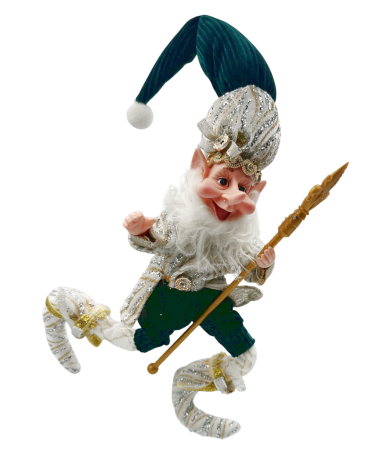 Spiriduș decorativ alb-auriu cu toiag și căciulă verde închis – 40 cm [2]