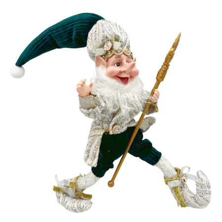 GLOBURI & FLORI DE BRAD - Spiriduș decorativ alb-auriu cu toiag și căciulă verde închis – 40 cm