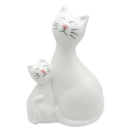 DECORATIUNI - Figurină pisici ceramică albă – decor mamă și pui