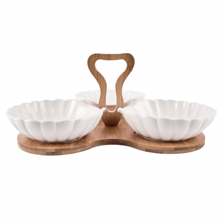 Platouri & Tavi - Set 3 Boluri ceramica MARCUS cu suport bambus, Alb, 32cm