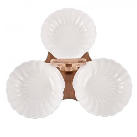 Set 3 Boluri ceramica MARCUS cu suport bambus, Alb, 32cm [1]