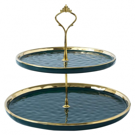 Fructiere & Cosuri Decorative - Suport pentru prajituri ROYAL, Verde/ Auriu, 2 niveluri, Portelan