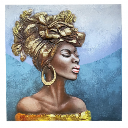 Obiecte Decorative - Tablou 3D cu femeie africana ESHE, Albastru/ Auriu, 80x80cm, Canvas