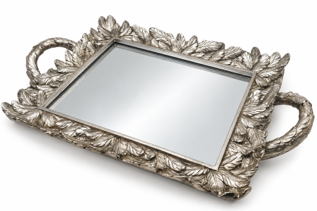Tava decorativa argintie cu oglinda ANTIQUE LEAVES – 38x25 cm [2]