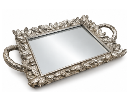 Platouri & Tavi - Tava decorativa argintie cu oglinda ANTIQUE LEAVES – 38x25 cm