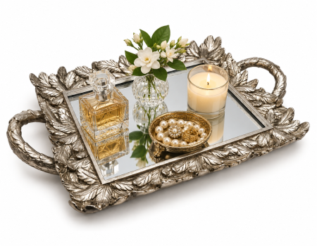 Tava decorativa argintie cu oglinda ANTIQUE LEAVES – 38x25 cm [1]