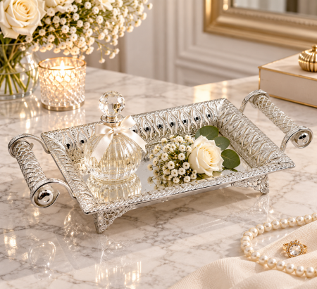 Tava decorativa argintata SILVER LACE cu manere - decor masa elegant [2]