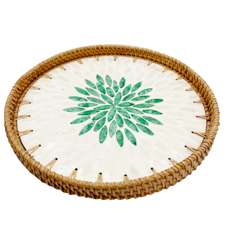 Tava rotunda din ratan si sidef PEARL - Alb Verde - 29 cm [1]