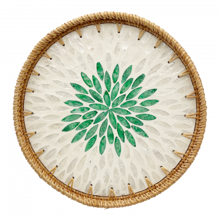 BUCATARIE & SERVIRE - Tava rotunda din ratan si sidef PEARL - Alb Verde - 29 cm