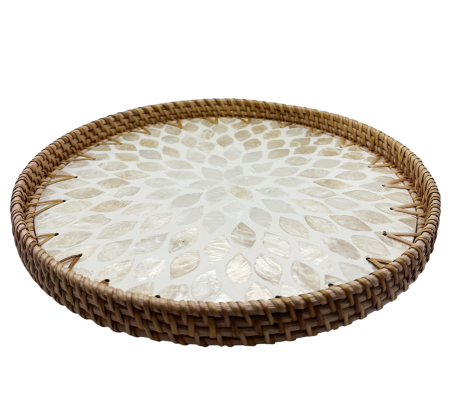 BUCATARIE & SERVIRE - Tava rotunda din ratan si sidef BEIGE PEARL - 29 cm