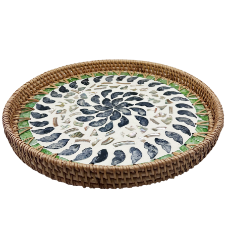 BUCATARIE & SERVIRE - Tava rotunda din ratan si sidef BLUE PEARL - 34 cm