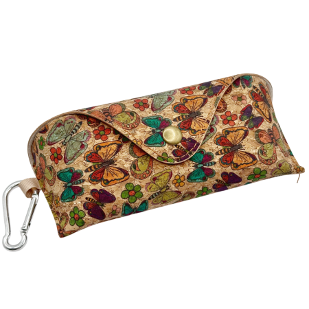 Portofele Dama - Etui pentru ochelari - din pluta - Model Fluturi Multicolor cu carabina