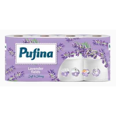 Hartie Igienica - Pufina 8 Role Hartie Igienica in 3 Straturi cu Parfum de Lavanda
