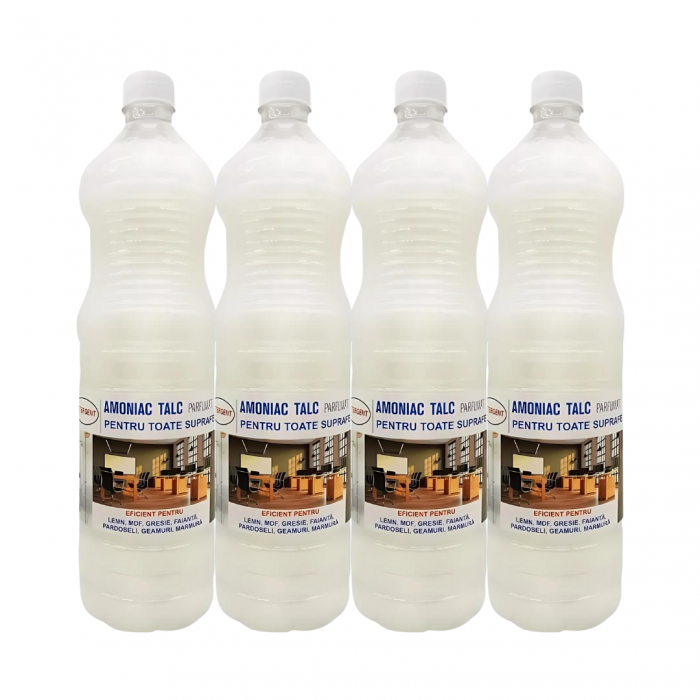 Pachet amoniac parfumat TALC  4 buc x 1.5l curatare profunda bucatarie, tapiterii, covoare, lemn, MDF, gresie, faianta, pardoseala, geamuri, marmura [1]