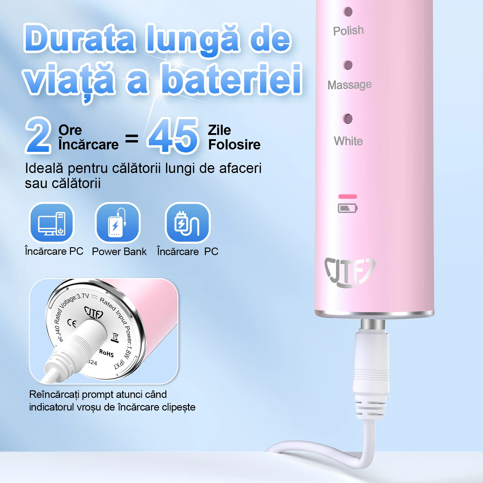 Periuta de dinti electrica, JTF Sonic, J40 (6 capete de periere) Roz [3]