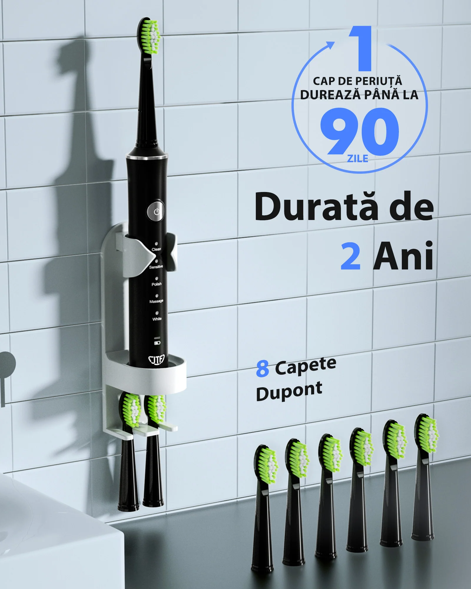 Periuta de dinti electrica, JTF Sonic, J40 (8 capete de periuta, cablu de incarcare, suport pentru periuta) Negru [7]