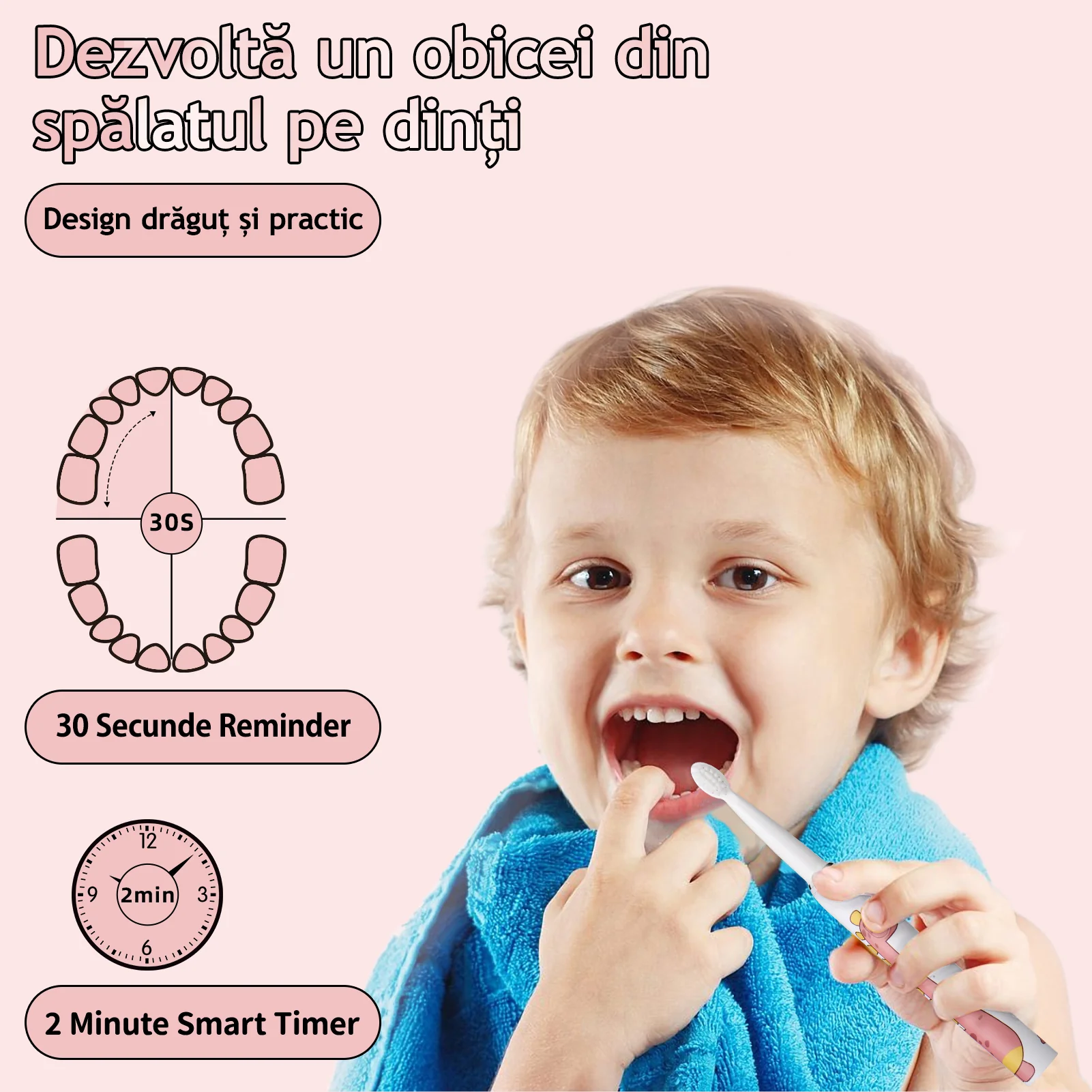 Periuta de dinti electrica pentru copii, JTF Sonic, J20C (4 capete de periuta, cablu de incarcare), Roz [3]