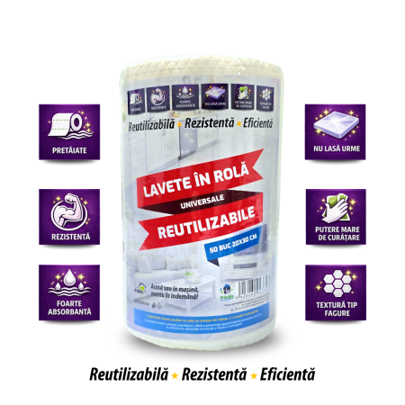 Role hartie servetele - Lavete embosate reutilizabile Prăvălia de Curățenie 50 buc rola