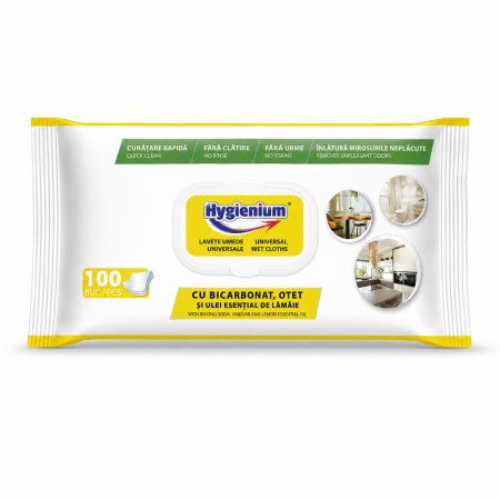 Lavete umede universale Hygienium cu bicarbonat otet si uleiuri esentiale de lamaie  100 buc