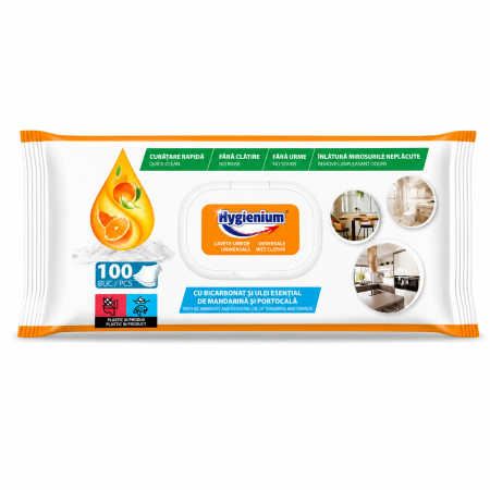 Servetele umede - Lavete umede universale Hygienium cu bicarbonat si uleiuri esentiale cu parfum de portocale si mandarine 100 bucati