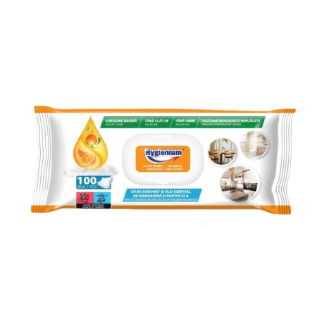 Servetele umede - Lavete umede universale Hygienium cu bicarbonat si uleiuri esentiale cu parfum de portocale si mandarine 100 bucati