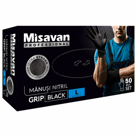 Igiena casei - Mănuși Nitril Negre Ultra Strong Grip Misavan Professional L 50 buc