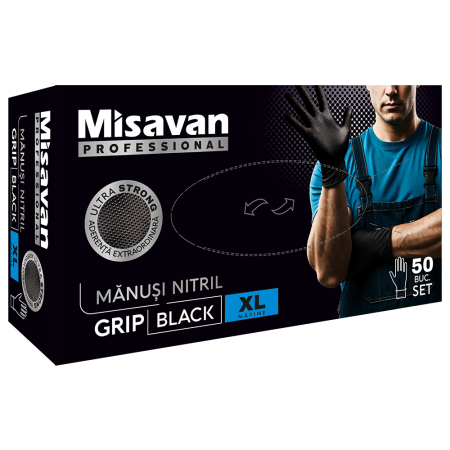 Igiena casei - Mănuși Nitril Negre Ultra Strong Grip Misavan Professional XL 50 buc