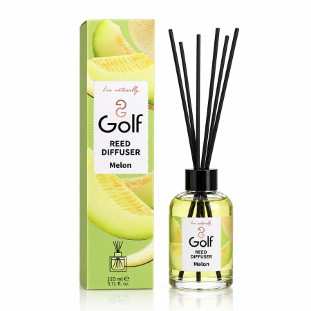 Igiena casei - Odorizant de cameră Golf Reed Diffuser Melon cu bețișoare, cutie și sticlă, 110 ml
