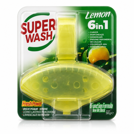 Igienizare Vas Toaleta - Odorizant WC Lemon 6 in 1 cu Parfum de Lamaie Super Wash 50 g