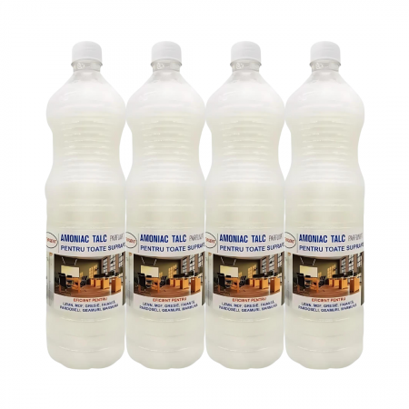 Solutii Multisuprafete - Pachet amoniac parfumat TALC  4 buc x 1.5l curatare profunda bucatarie, tapiterii, covoare, lemn, MDF, gresie, faianta, pardoseala, geamuri, marmura