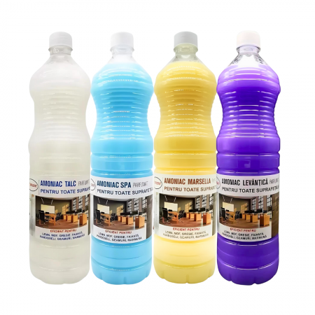 Igiena casei - Pachet amoniac 4 buc x 1.5l SUPER PARFUMAT, LEVANTICA, TALC, SPA, MARCELLA curatare profunda bucatarie, tapiterii, covoare, lemn, MDF, gresie, faianta, pardoseala, geamuri, marmura