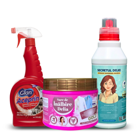 Pachete - Pachet Nebun de Alb cu ACEPRIN 750 ml, Sare de Înălbire Delia GOLD 500 g și Secretul Deliei 1 Kg
