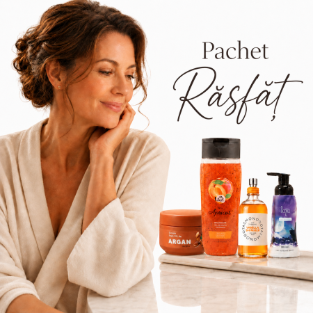 Pachete - Pachet RĂSFĂȚ – set îngrijire femei cu cremă argan, gel de duș, parfum vanilie și săpun spumă