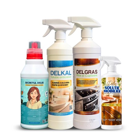Pachete - Pachet TEST 1 cu DELKAL Anticalcar, DELGRAS Degresant, Secretul Deliei Detergent Universal și Delia Soluție Mobilier