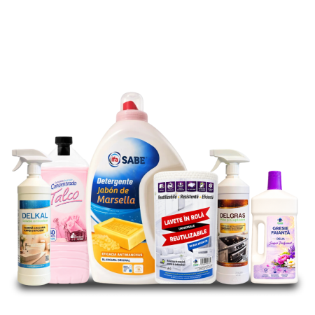 Pachete - Pachet Weekend 5 Iunie Detergent Marsilia Talco Delkal Delgras Lavete Reutilizabile
