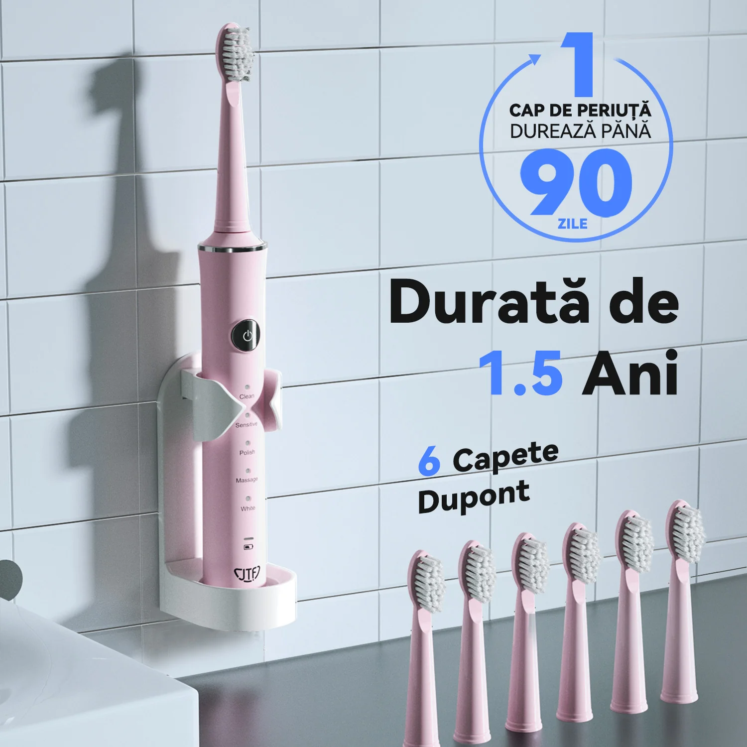 Periuta de dinti electrica, JTF Sonic, J40 (6 capete de periere) Roz [4]