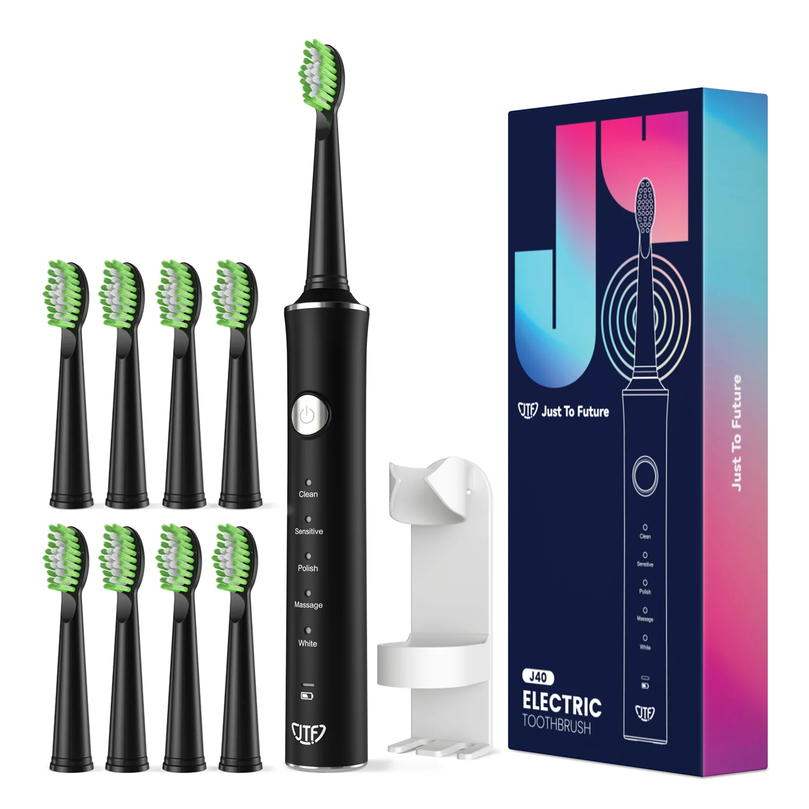 Igiena Orala - Periuta de dinti electrica, JTF Sonic, J40 (8 capete de periuta, cablu de incarcare, suport pentru periuta) Negru