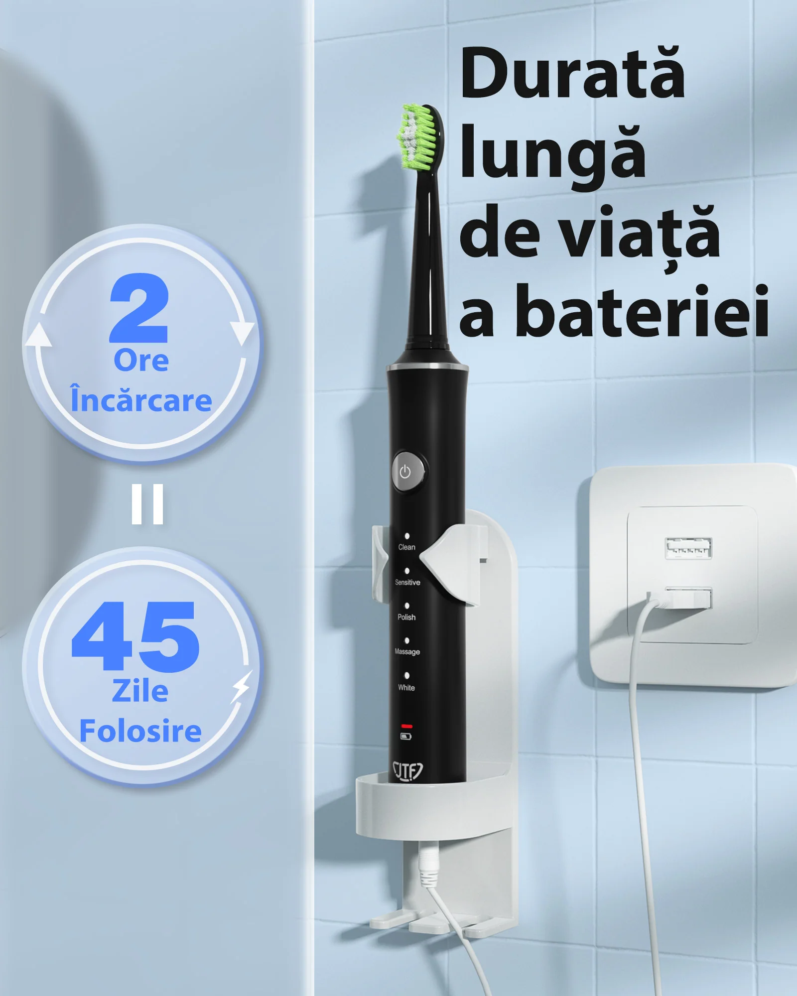 Periuta de dinti electrica, JTF Sonic, J40 (8 capete de periuta, cablu de incarcare, suport pentru periuta) Negru [5]
