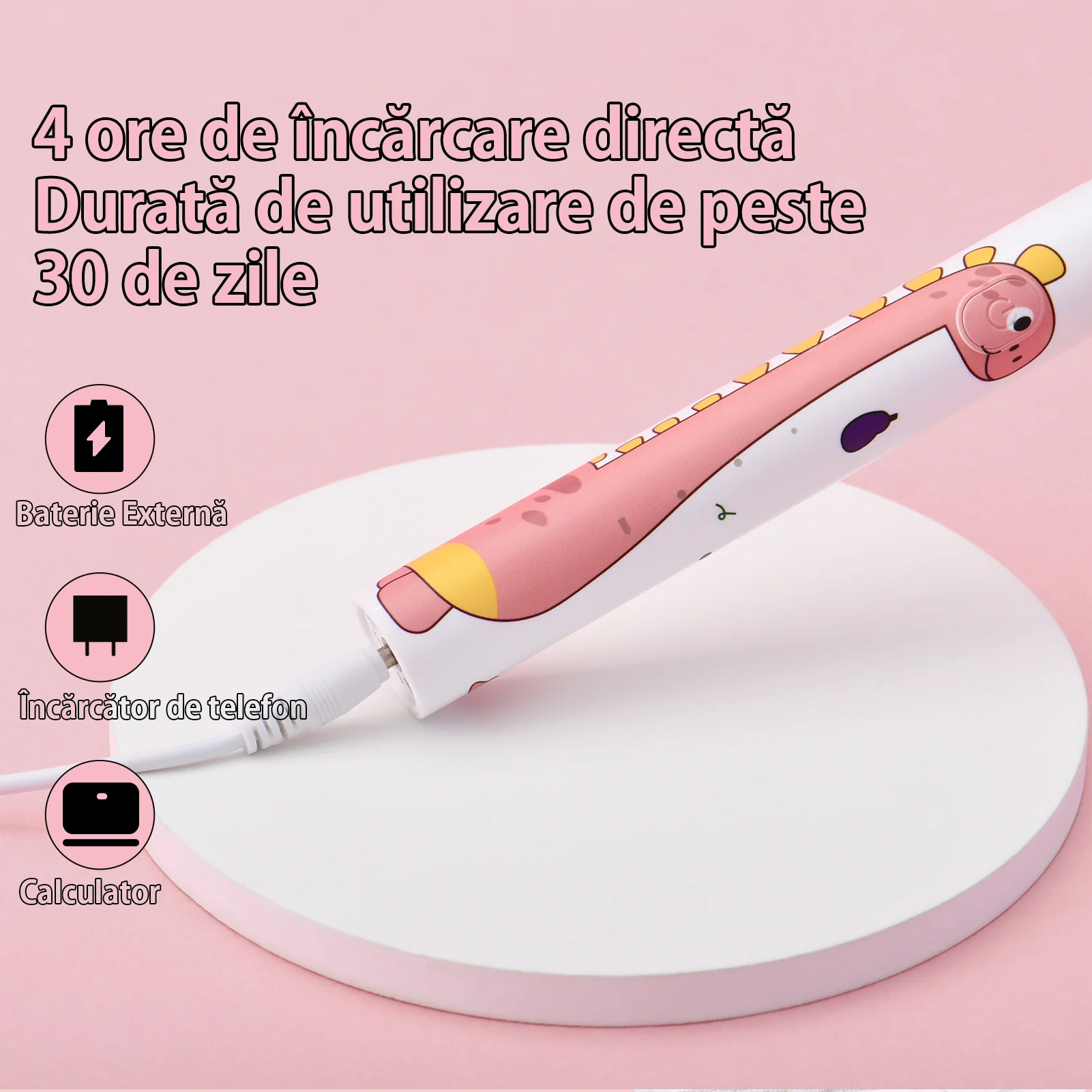 Periuta de dinti electrica pentru copii, JTF Sonic, J20C (4 capete de periuta, cablu de incarcare), Roz [1]