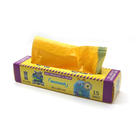 Saci menajeri - Saci menajeri cu șnur Mr. Elephant 35L, galben – 15 saci/rolă