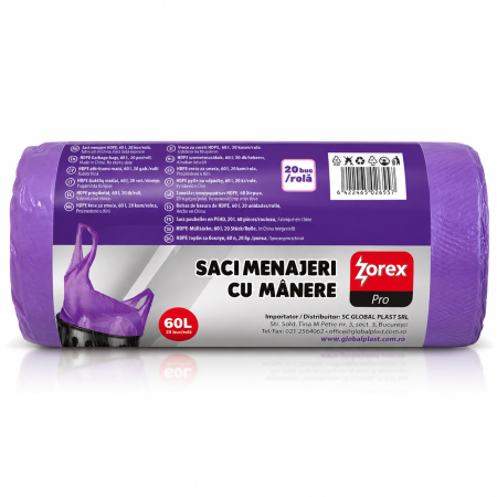 Bucatarie - Saci menajeri mov cu manere 60 L Zorex Pro 20 buc