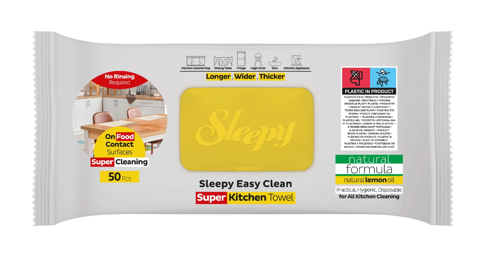 Șervețele umede de curățare Sleepy Easy Clean Kitchen cu ulei natural de lămâie GALBEN – 50 bucăți [1]