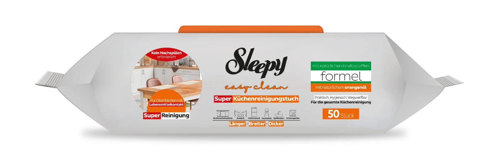 Șervețele umede de curățare Sleepy Easy Clean pentru bucătărie cu ulei natural de portocală PORTOCALIU – 50 bucăți [1]