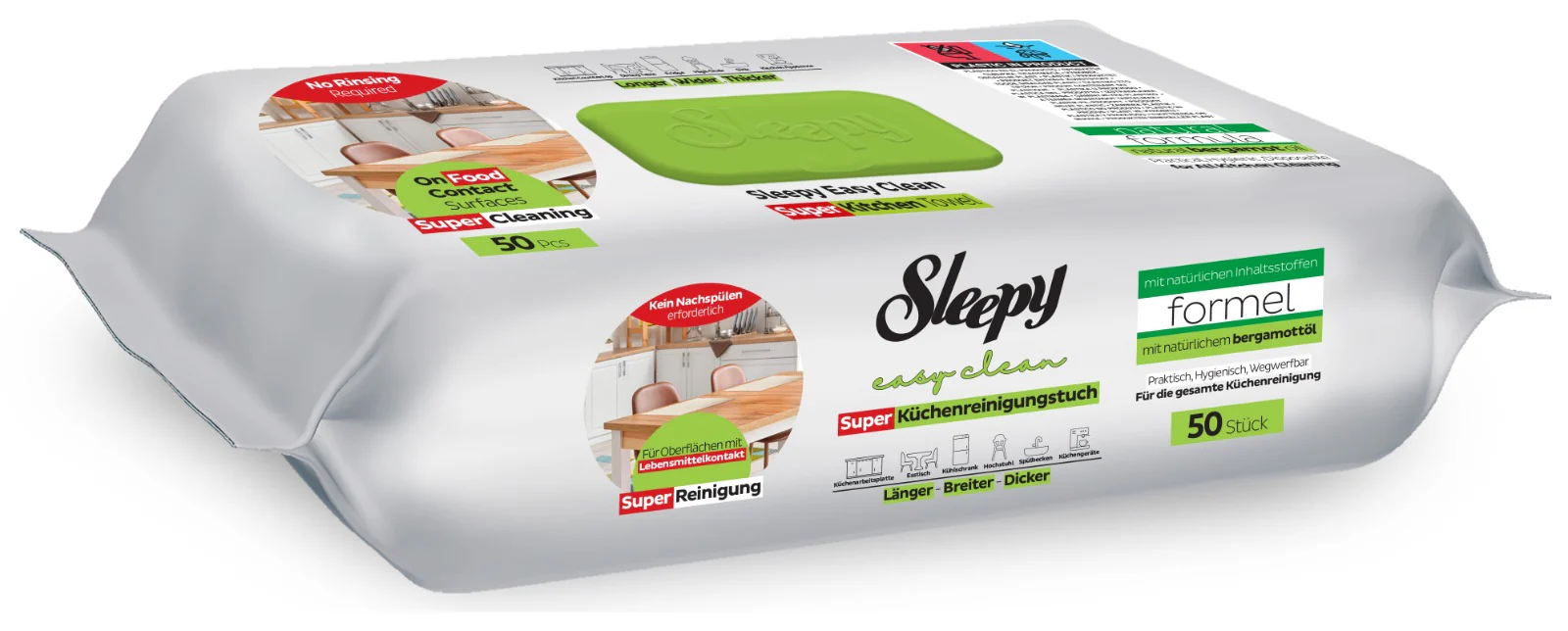 Bucatarie - Șervețele umede de curățare Sleepy Easy Clean VERDE pentru bucătărie cu ulei natural de bergamotă – 50 bucăți