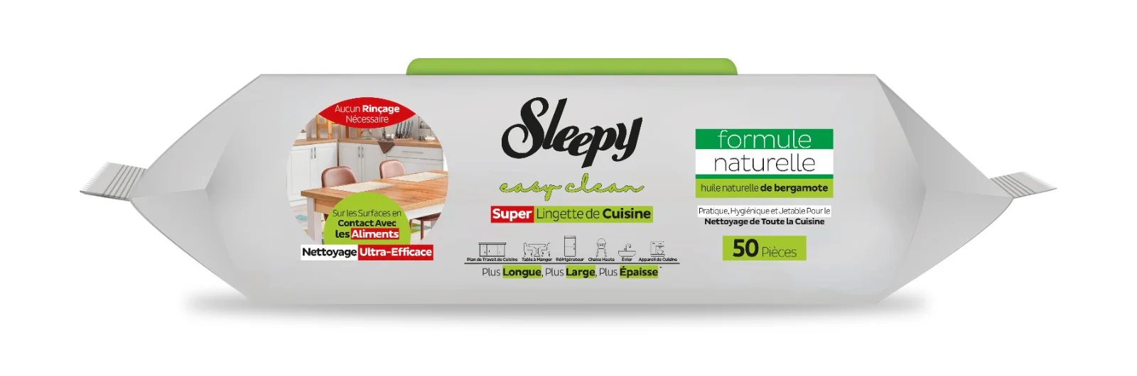 Șervețele umede de curățare Sleepy Easy Clean VERDE pentru bucătărie cu ulei natural de bergamotă – 50 bucăți [1]