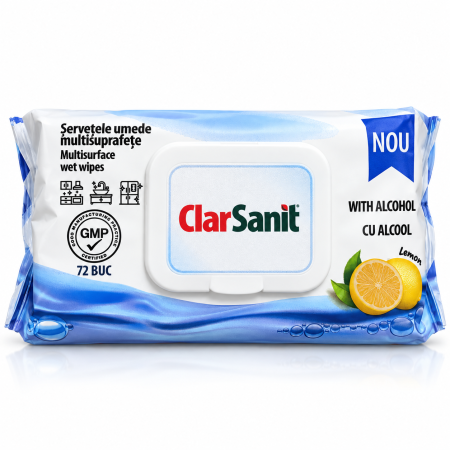 Igiena casei - Servetele Umede Multisuprafete cu Alcool si Parfum de Lamaie ClarSanit 72 Buc