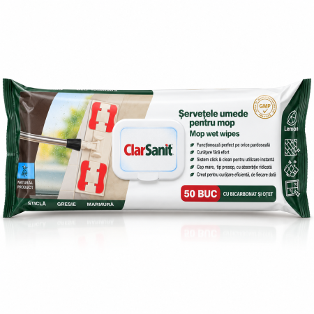 Igiena casei - Servetele Umede pentru Mop cu Bicarbonat si Otet Lemon ClarSanit 50 Buc