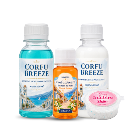 Detergent rufe - Set Mostre Detergent Balsam Parfum de Rufe Corfu Breeze si Sare Inalbire Delia 4 buc