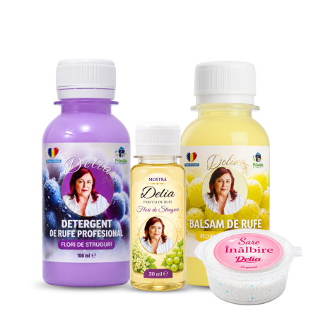 Detergent rufe - Set Mostre Detergent, Balsam si Parfum de Rufe Flori de Struguri Delia + Sare Inalbire Delia – 4 buc (100 ml + 100 ml + 50 ml + 35 g)