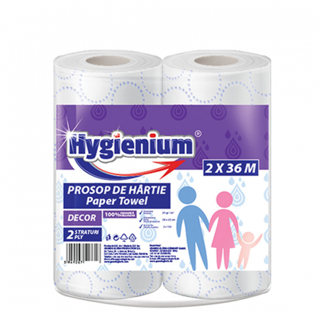 Bucatarie - Set prosop hartie, Hygienium Decor, 2 role/set, 2 x 36 m / 2 x 350 gr, alb, 2 straturi